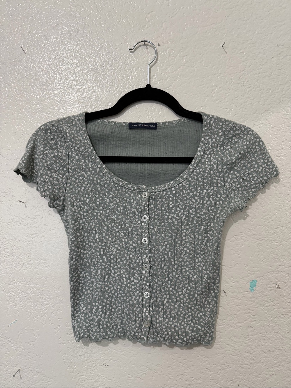 Brandy Melville Light sage Green Floral Button-Front Crop Top